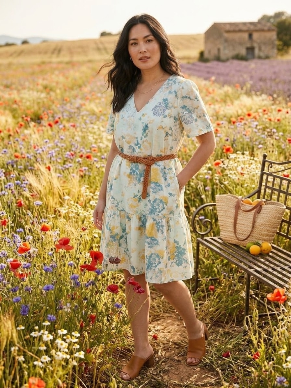 a new day Floral V-Neck Tiered Midi Dress in Cream With Green and Yellow Floral